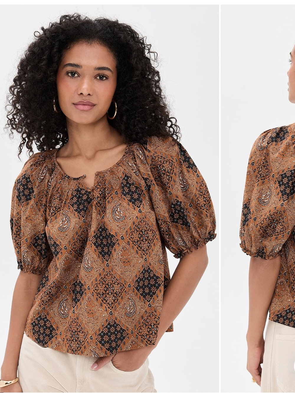 THE GREAT. Brown & Black Paisley Patchwork Puff-Sleeve Top